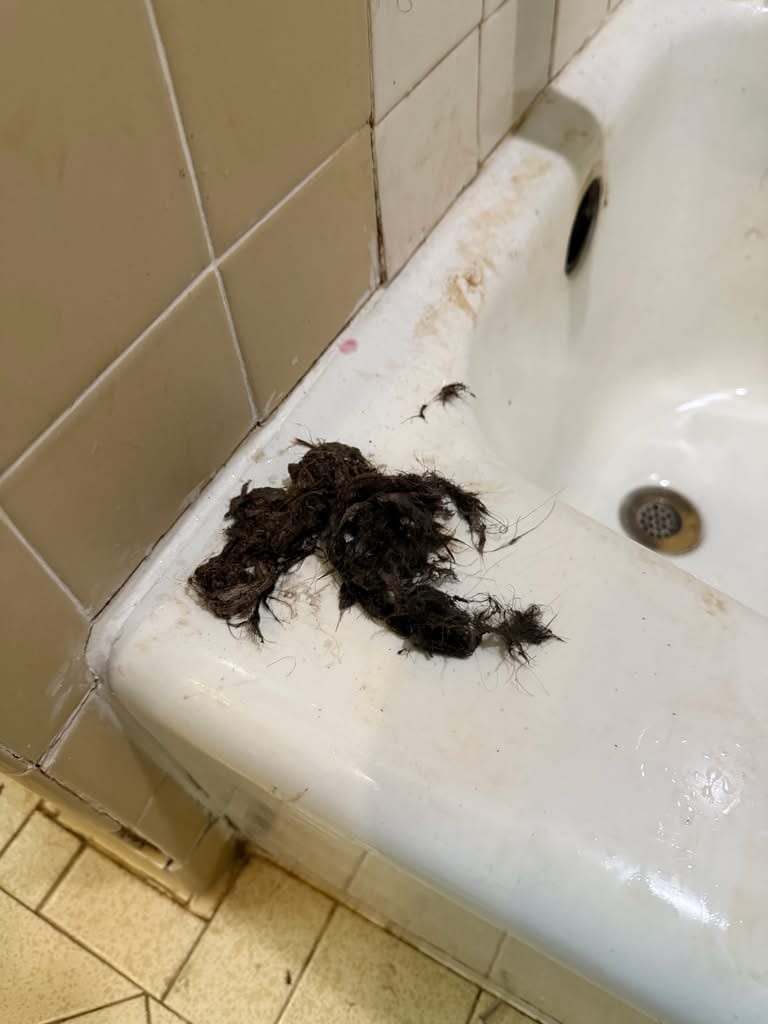 The image shows a large clump of dark hair and soap scum that has been removed from a bathtub drain. This is the most common cause of slow-draining tubs, as hair strands interlock and bind with soap residue to form a fibrous mat.